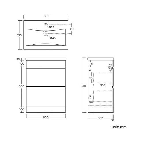 Vanity Sink Unit Ceramic Basin Bathroom White Walnut Grey Storage Furniture (White, Drawer Unit - No Handle)