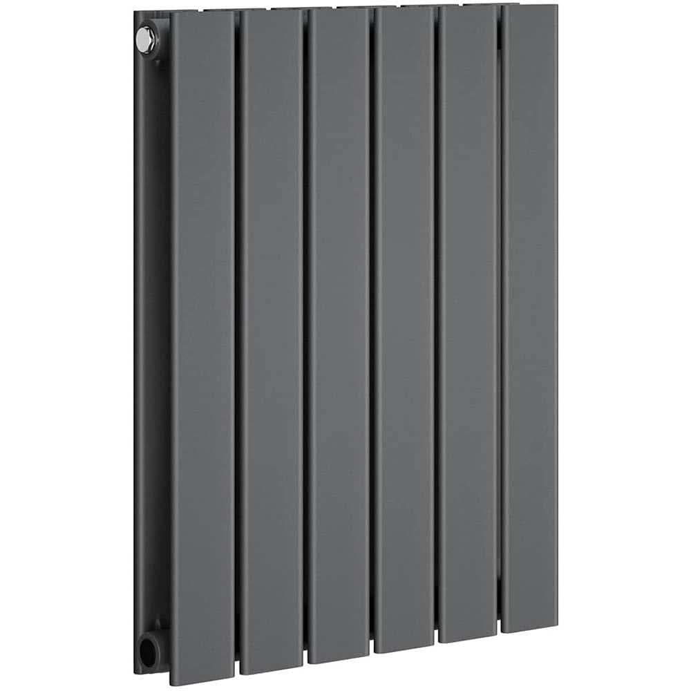 The iBathUK Apex Horizontal Radiator features a double slim flat panel design with six grey vertical sections, shown at an angle against a white background.