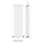 Technical drawing of the iBathUK Apex Vertical Double Panel Slim Flat Designer Radiator shows front, side, and top views with dimensions: 1590 mm high, 456 mm wide. Pipe connections and fitting details are included for this iBathUK vertical radiator.