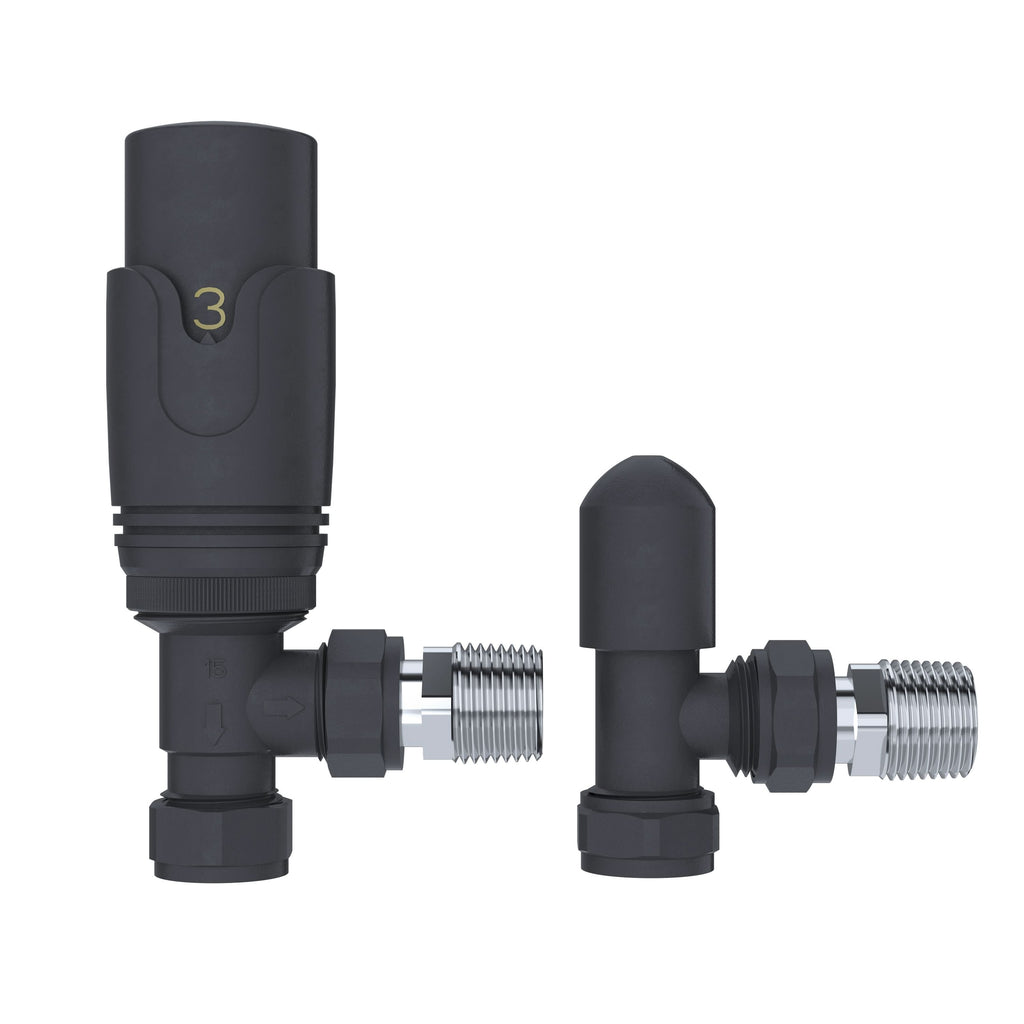 Two iBathUK Apex Horizontal Radiator valves, featuring a vertical valve with a numbered dial and a horizontal capped valve in black and silver metal, are displayed side by side on a white background.