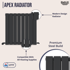 The iBathUK Apex Horizontal Double Slim Flat Panel Radiator is shown in black with a modern design. Made from premium steel, it features double panels, suits all heating systems, offers 2777 BTU heat output, and displays the iBathUK brand.