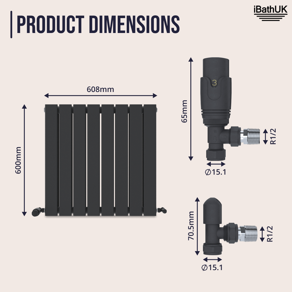 Diagram of the iBathUK Apex Horizontal Double Slim Flat Panel Radiator (608mm W x 600mm H) with two valve types, each labeled with heights of 65mm and 70.5mm, both featuring an R1/2 thread size.