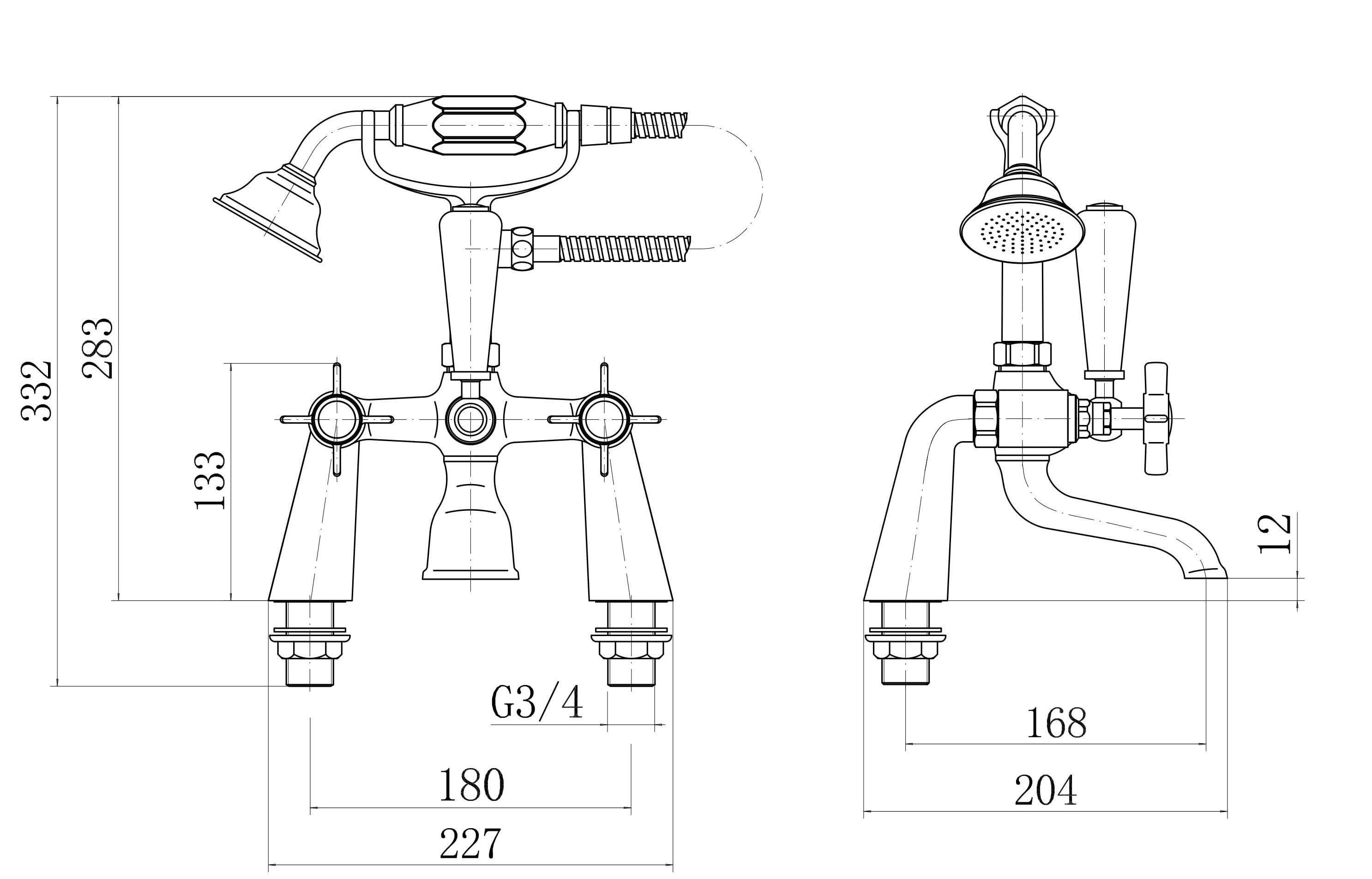 Regency Traditional Bath Shower Mixer Tap with Kit - Matt Black