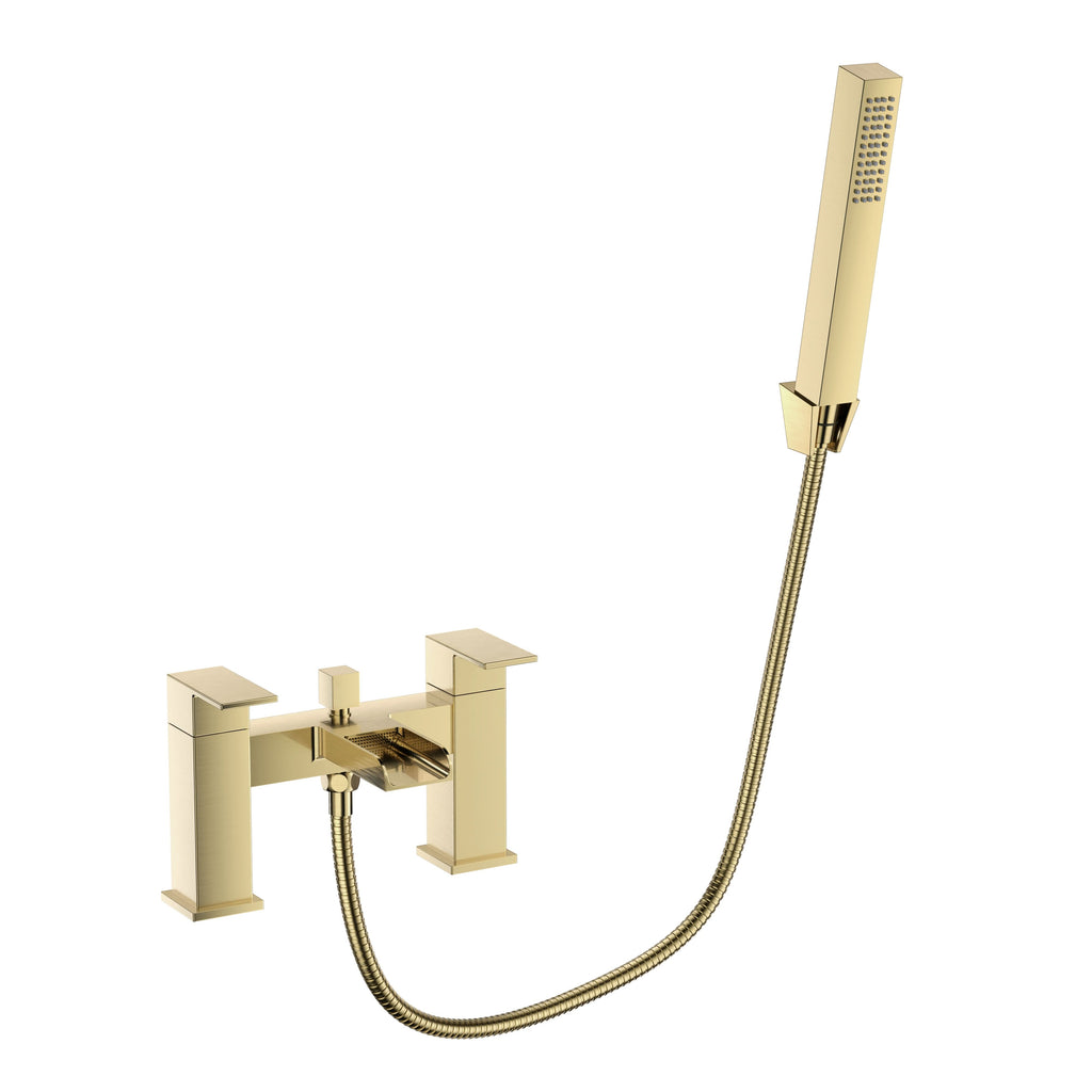 VeeBath Kinetic Square Waterfall Bath Shower Mixer Filler Tap Brushed Brass Bath and Shower Mixer