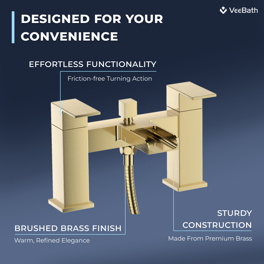 Kelvin Square Waterfall Bath Shower Mixer Tap with Kit - Brushed Brass