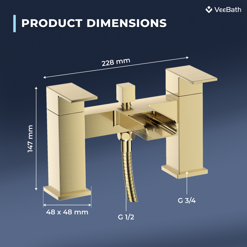 Kelvin Square Waterfall Bath Shower Mixer Tap with Kit - Brushed Brass