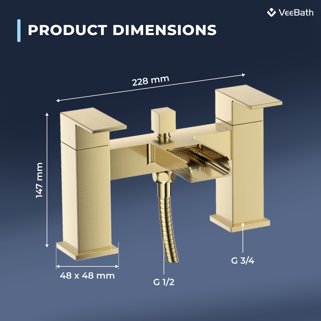 Kelvin Square Waterfall Bath Shower Mixer Tap with Kit - Brushed Brass