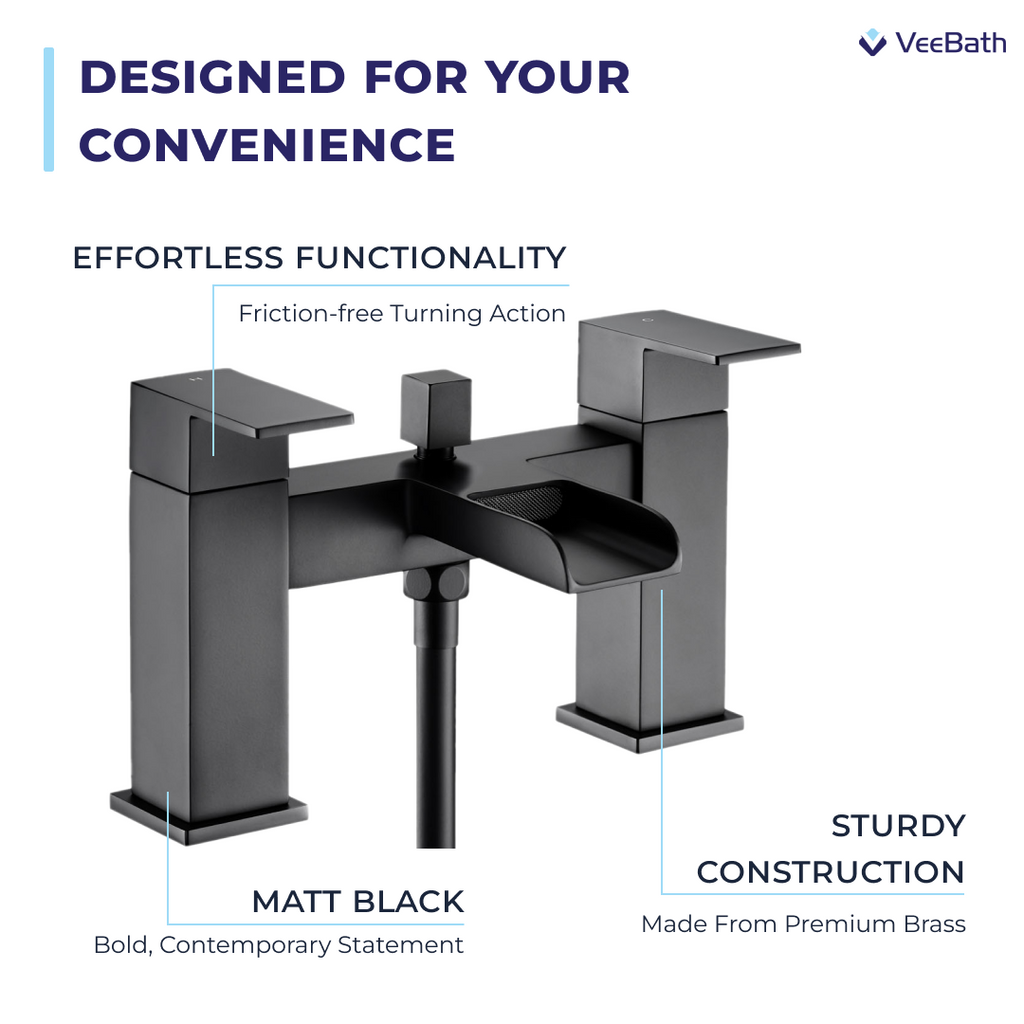 Kelvin Square Waterfall Bath Shower Mixer Tap with Kit - Matt Black