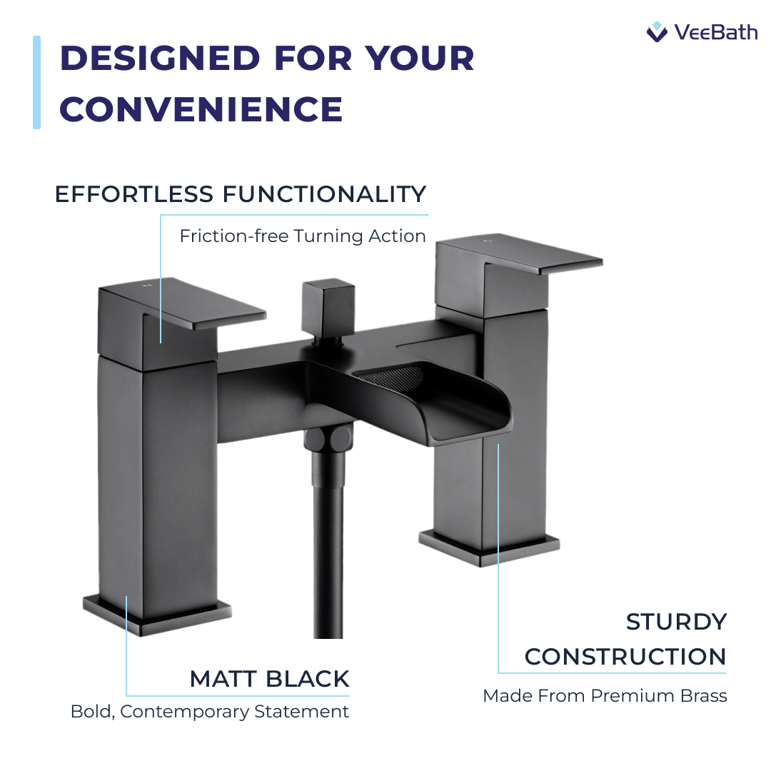 Kelvin Square Waterfall Bath Shower Mixer Tap with Kit - Matt Black