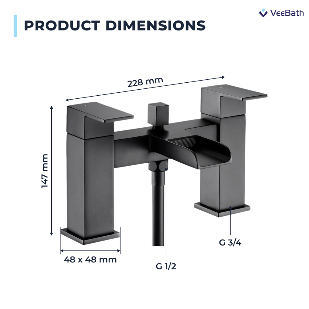Kelvin Square Waterfall Bath Shower Mixer Tap with Kit - Matt Black