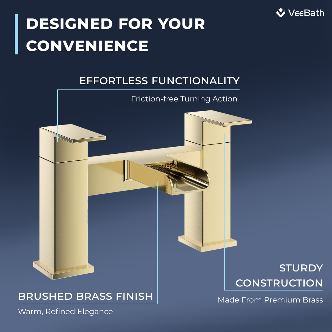 Kelvin Square Waterfall Bath Filler Mixer Tap - Brushed Brass