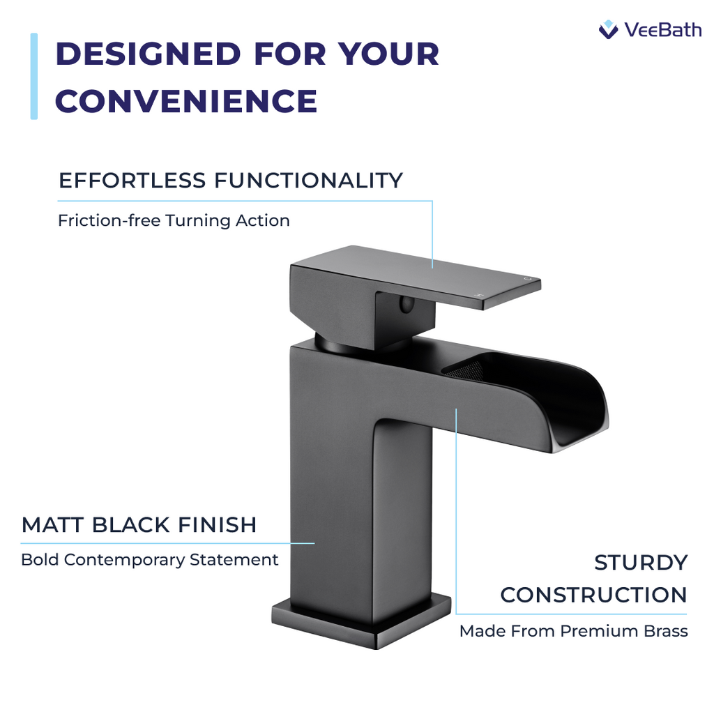 Kelvin Square Waterfall Mono Basin Mixer Tap - Matt Black