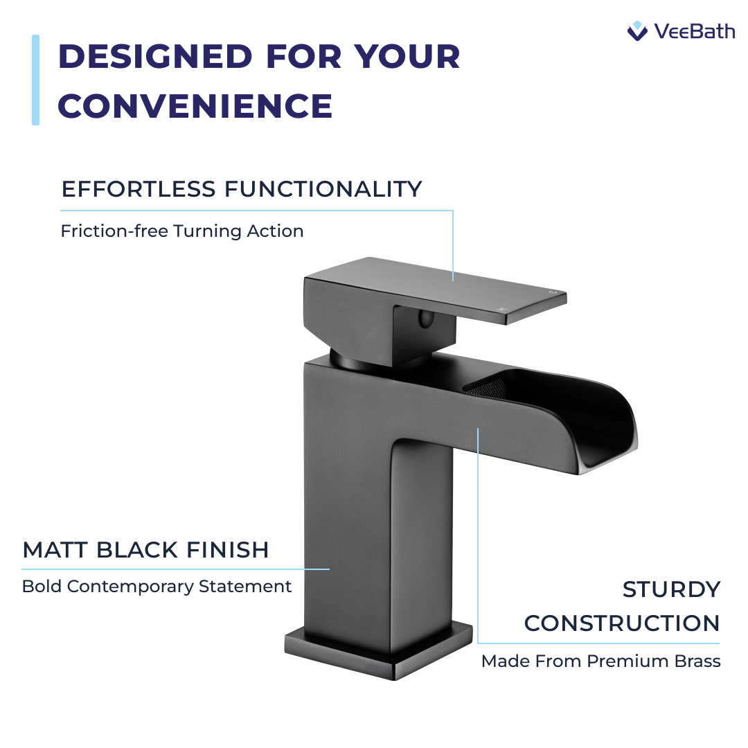 Kelvin Square Waterfall Mono Basin Mixer Tap - Matt Black