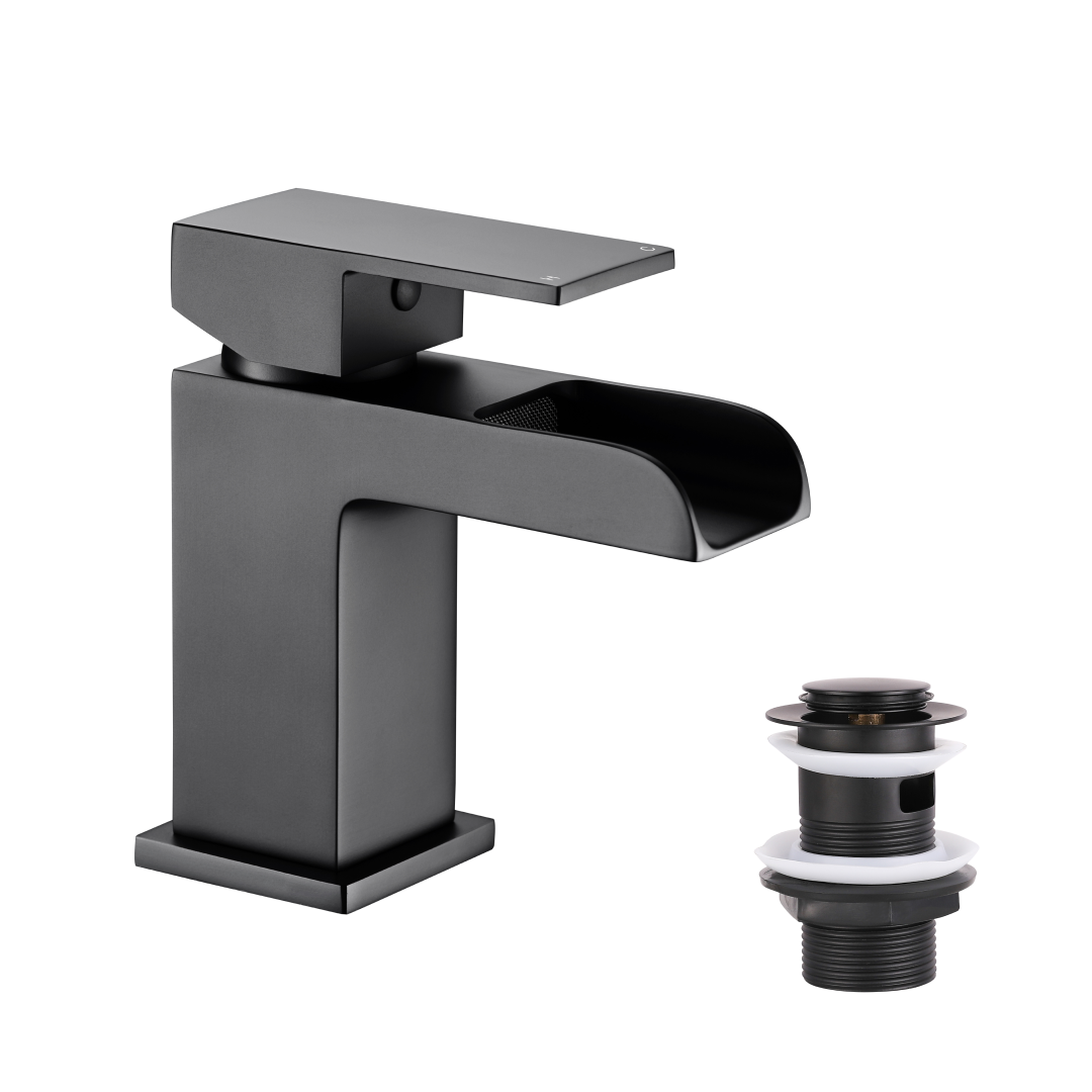Kelvin Square Waterfall Mono Basin Mixer Tap - Matt Black