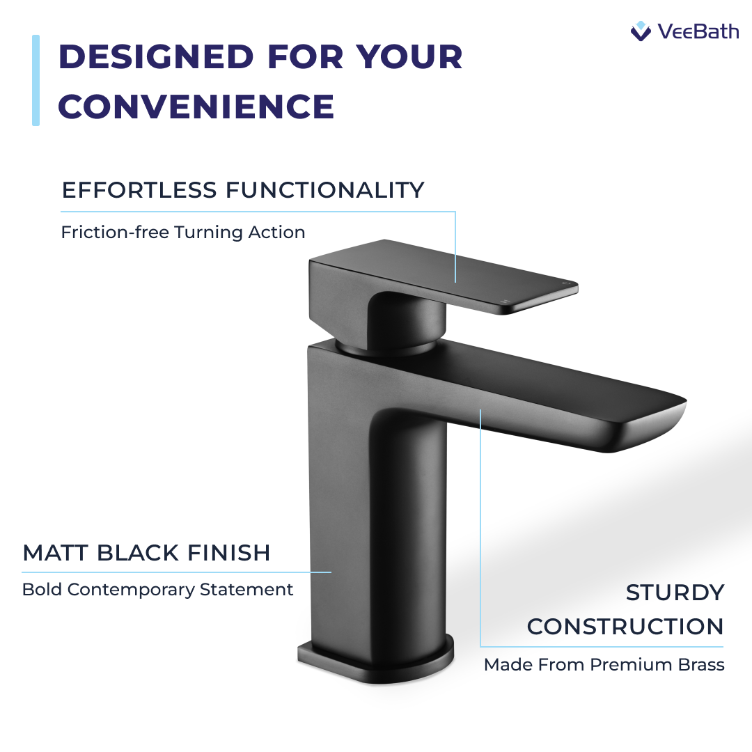Lunar Soft Square Mono Basin Mixer Tap with Waste - Matt Black