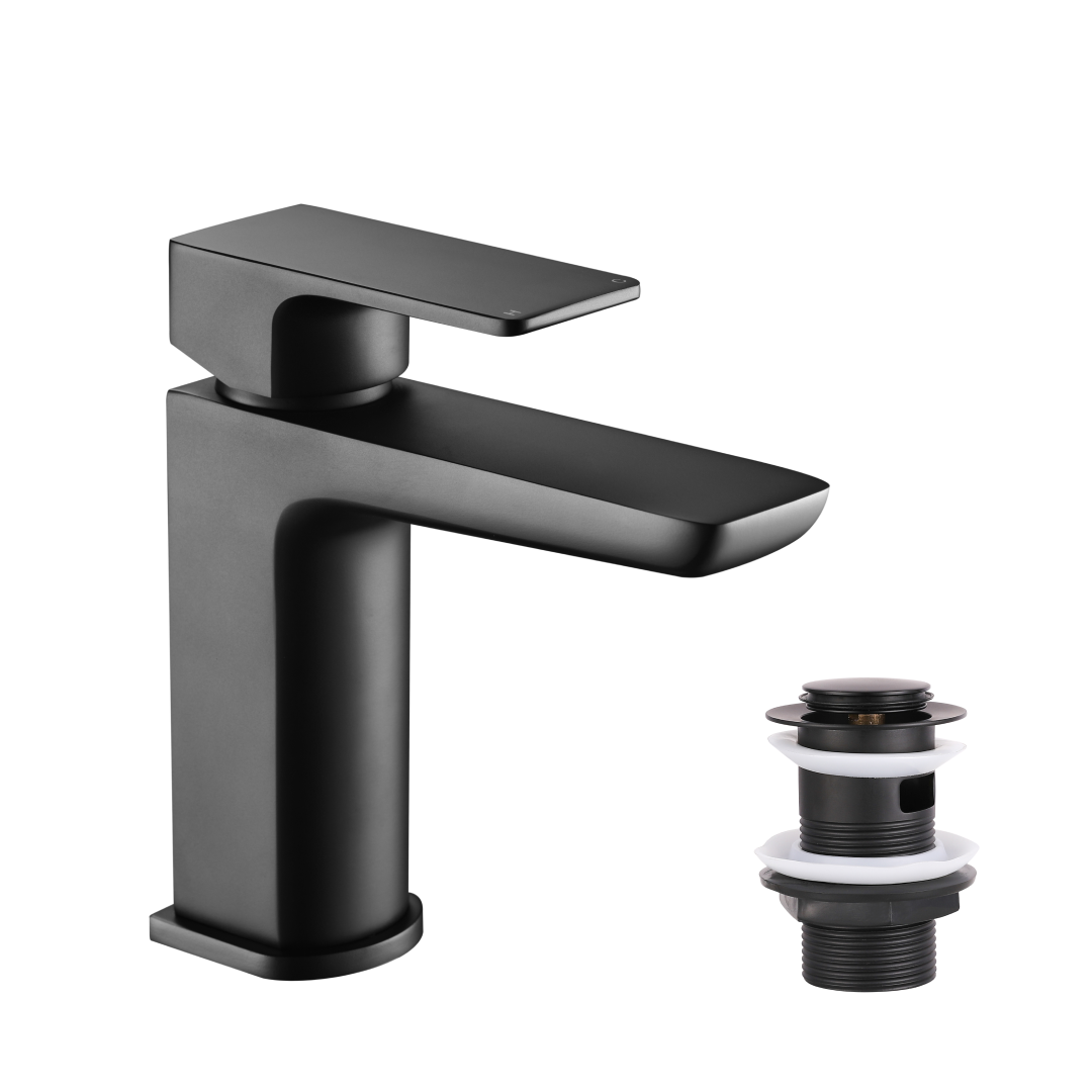 Lunar Soft Square Mono Basin Mixer Tap with Waste - Matt Black
