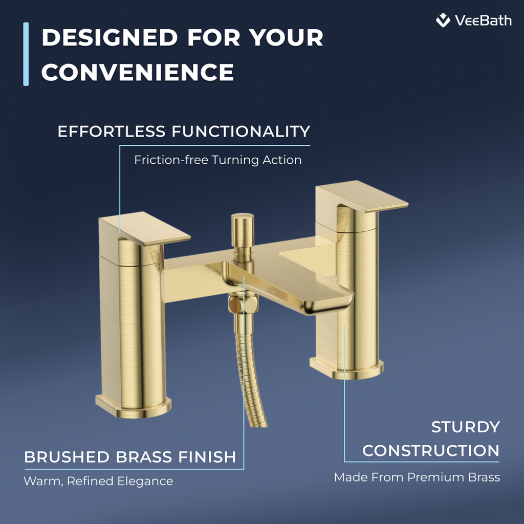 Lunar Soft Square Bath Shower Mixer Tap with Kit - Brushed Brass