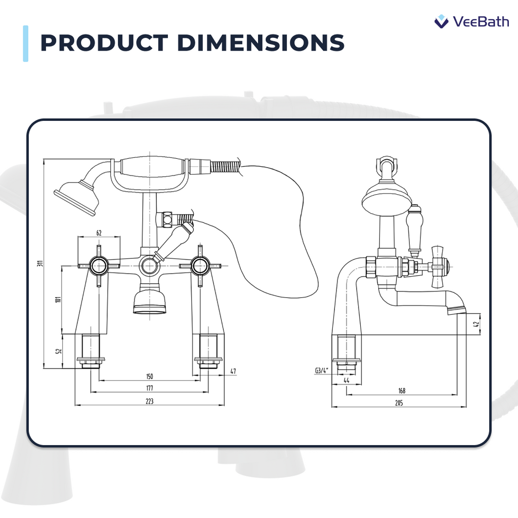 Regency Traditional Bath Shower Mixer Tap with Kit - Matt Black