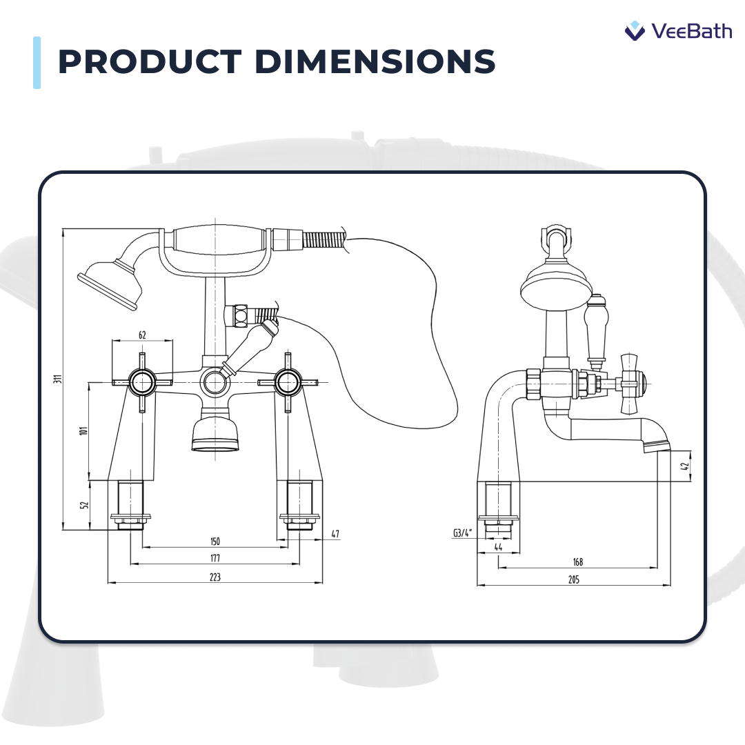 Regency Traditional Bath Shower Mixer Tap with Kit - Matt Black