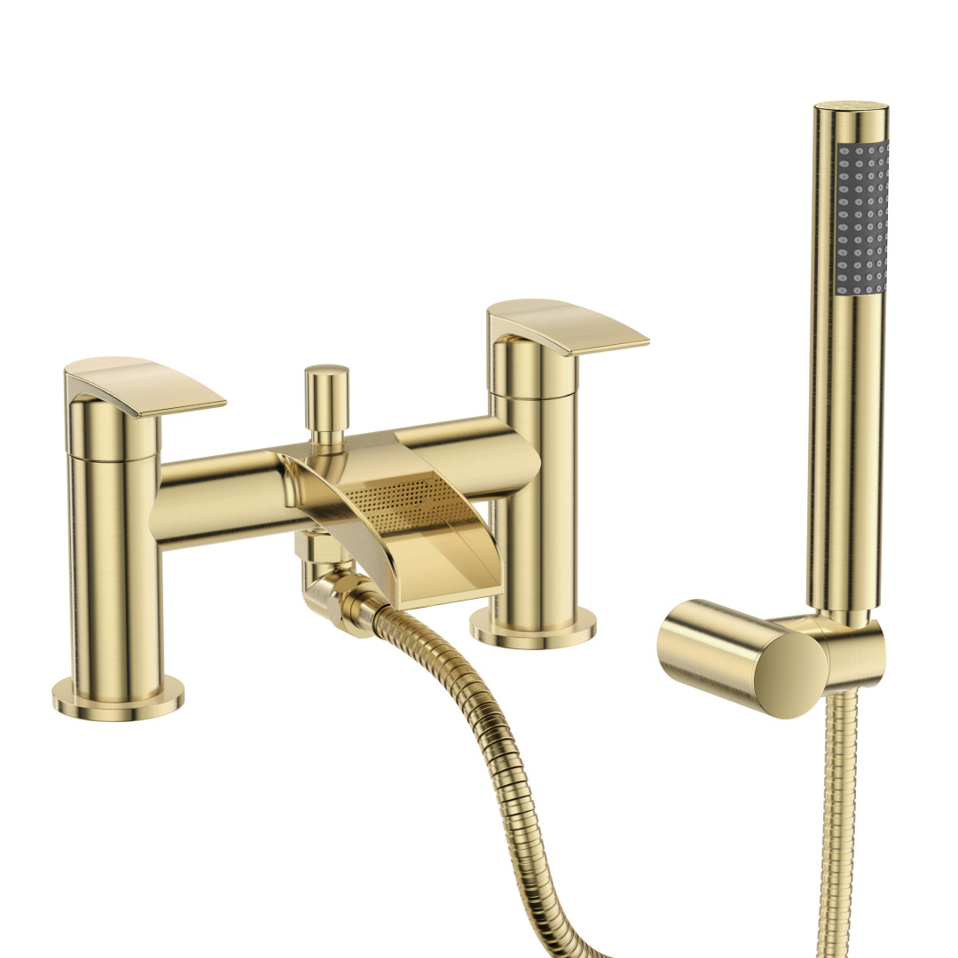 Symphony Round Waterfall Bath Shower Mixer Tap with Kit - Brushed Brass