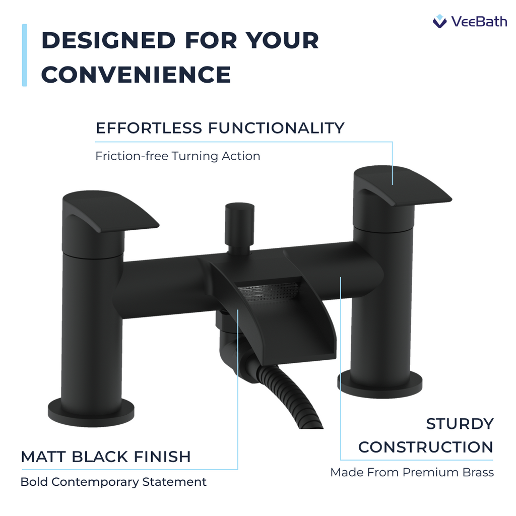 Symphony Round Waterfall Bath Shower Mixer Tap with Kit - Matt Black