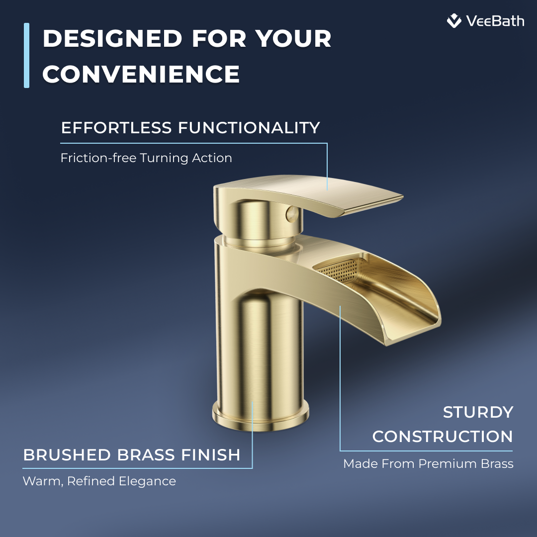 Symphony Round Waterfall Mono Basin Mixer Tap with Waste - Brushed Brass