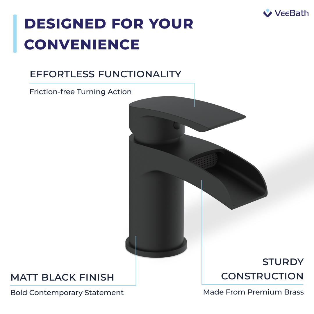 Symphony Round Waterfall Mono Basin Mixer Tap with Waste - Matt Black