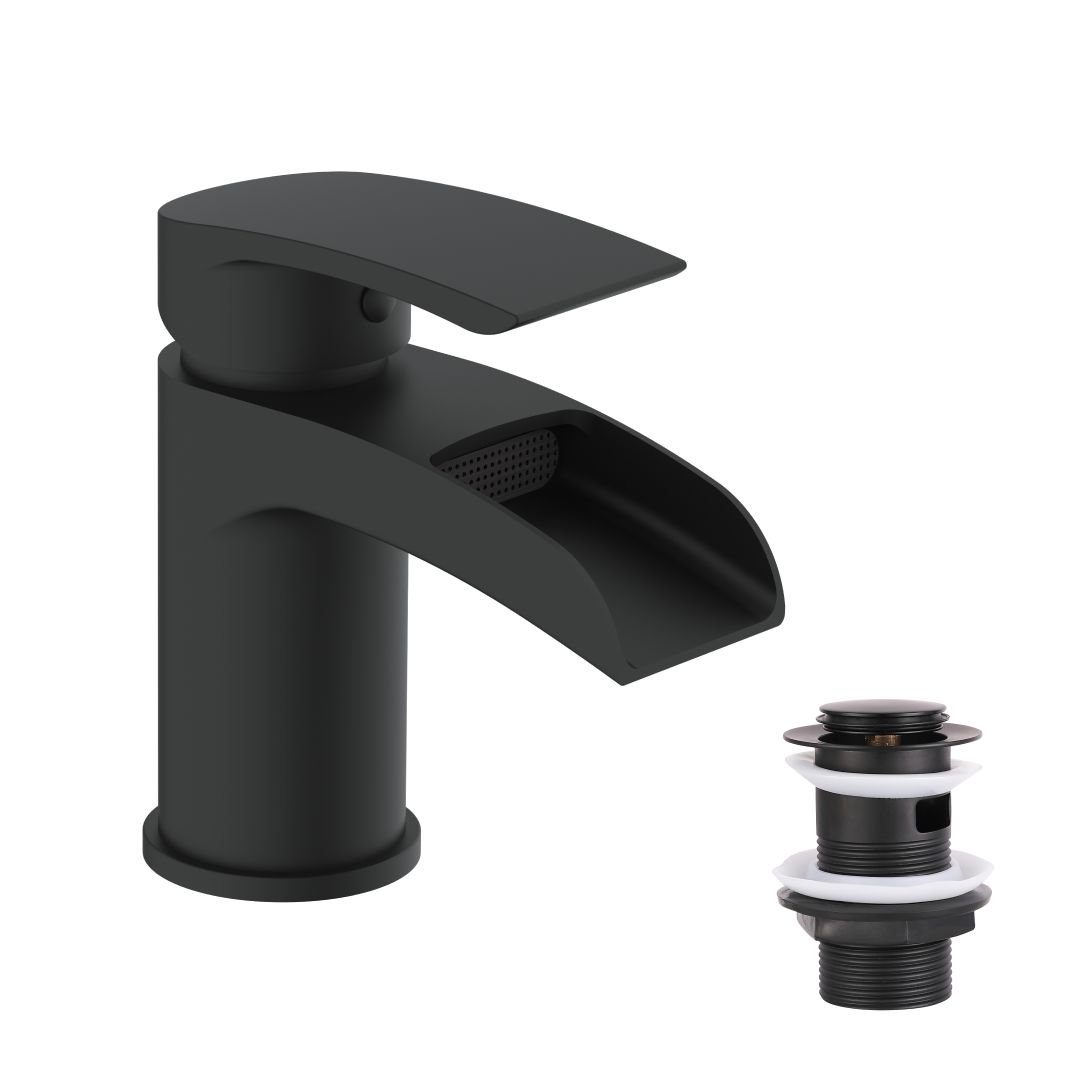 Symphony Round Waterfall Mono Basin Mixer Tap with Waste - Matt Black