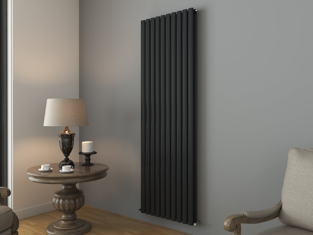 iBathUK Strata Vertical Double Panel Oval Radiator, Wall Mounted Designer Radiator, High Heat Output,Matt Anthracite, 1800 x 600mm