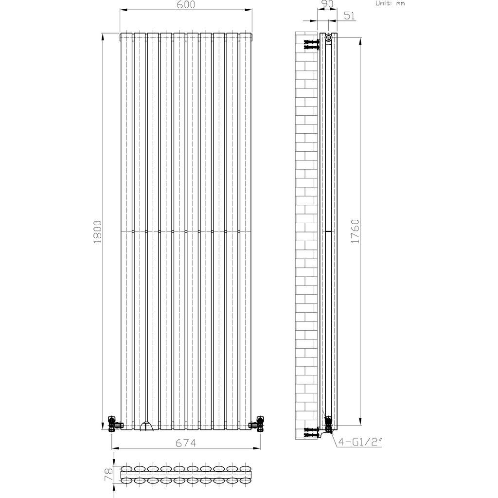 iBathUK Strata Vertical Double Panel Oval Radiator, Wall Mounted Designer Radiator, High Heat Output,Matt Anthracite, 1800 x 600mm