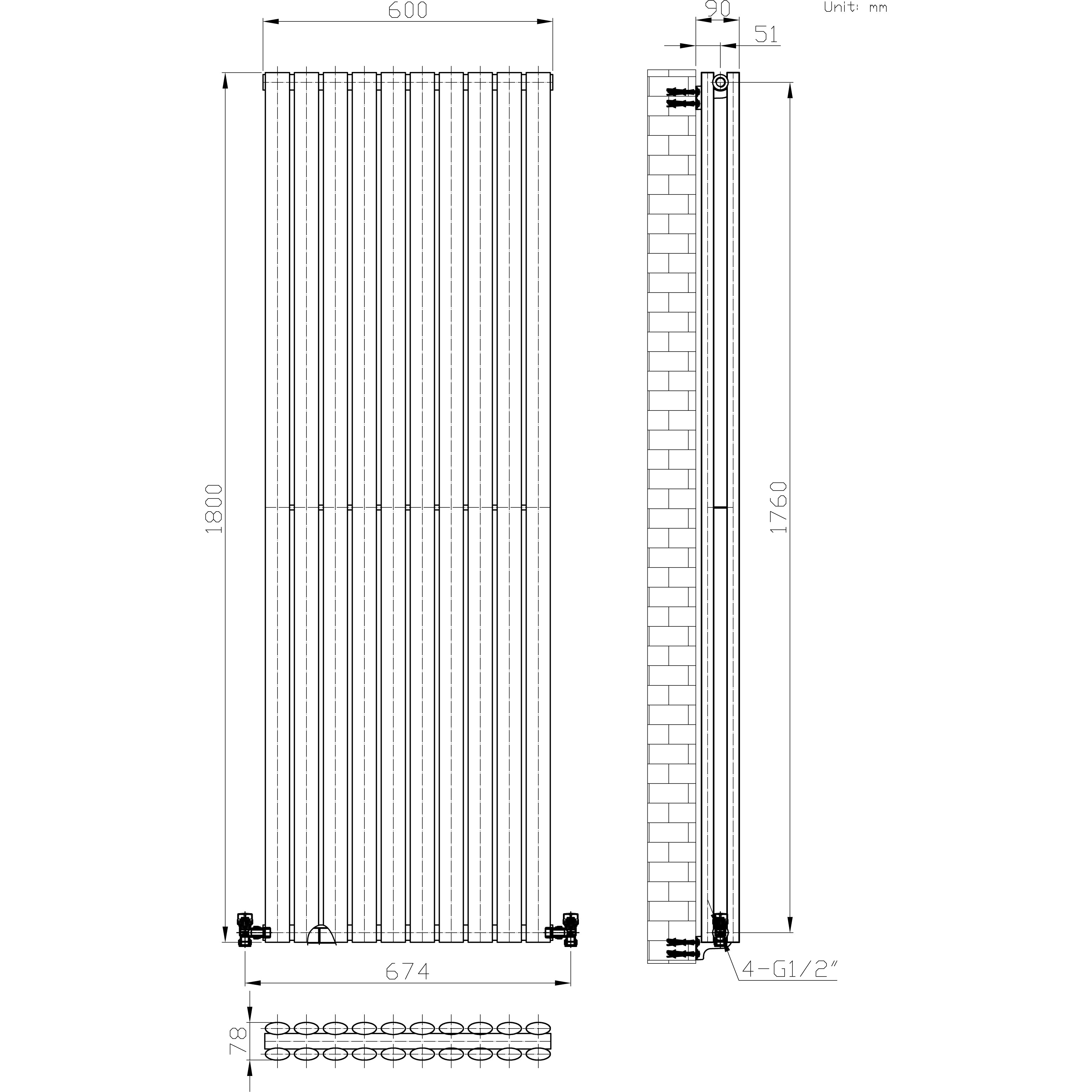 Princia Vertical Double Oval Panel Radiator Anthracite 1800 x 600mm (RDG190)