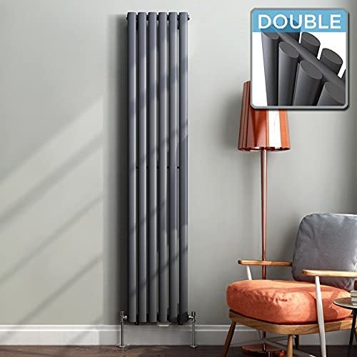 iBathUK Strata Vertical Double Panel Oval Radiator, Wall Mounted Designer Radiator, High Heat Output,Matt Anthracite, 1800 x 600mm