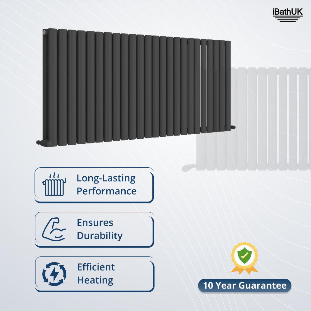 iBathUK Strata Horizontal Double Panel Oval Radiator, Wall Mounted Designer Radiator, High Heat Output, Matt Anthracite, 600 x 1440mm