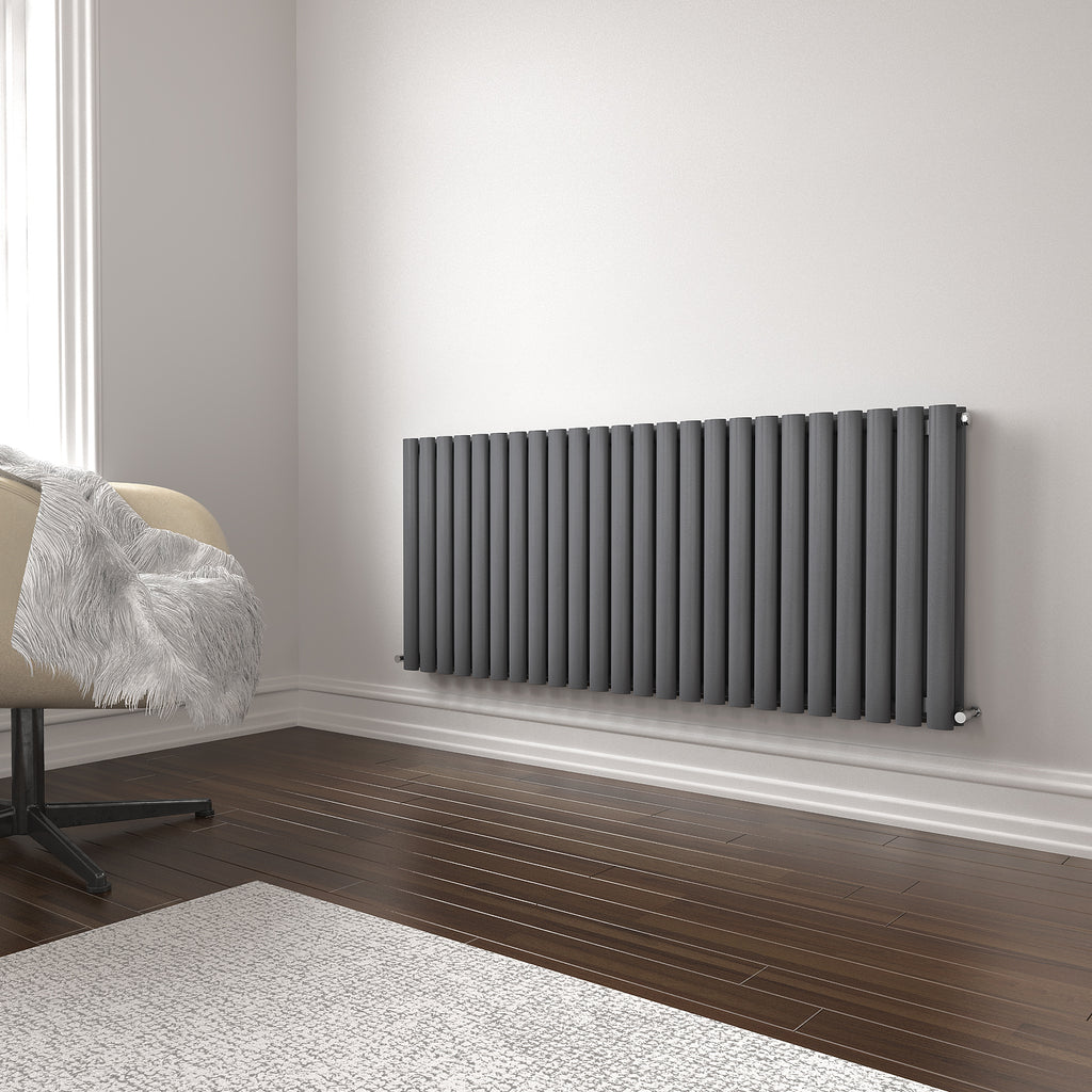 iBathUK Strata Horizontal Double Panel Oval Radiator, Wall Mounted Designer Radiator, High Heat Output, Matt Anthracite, 600 x 1440mm