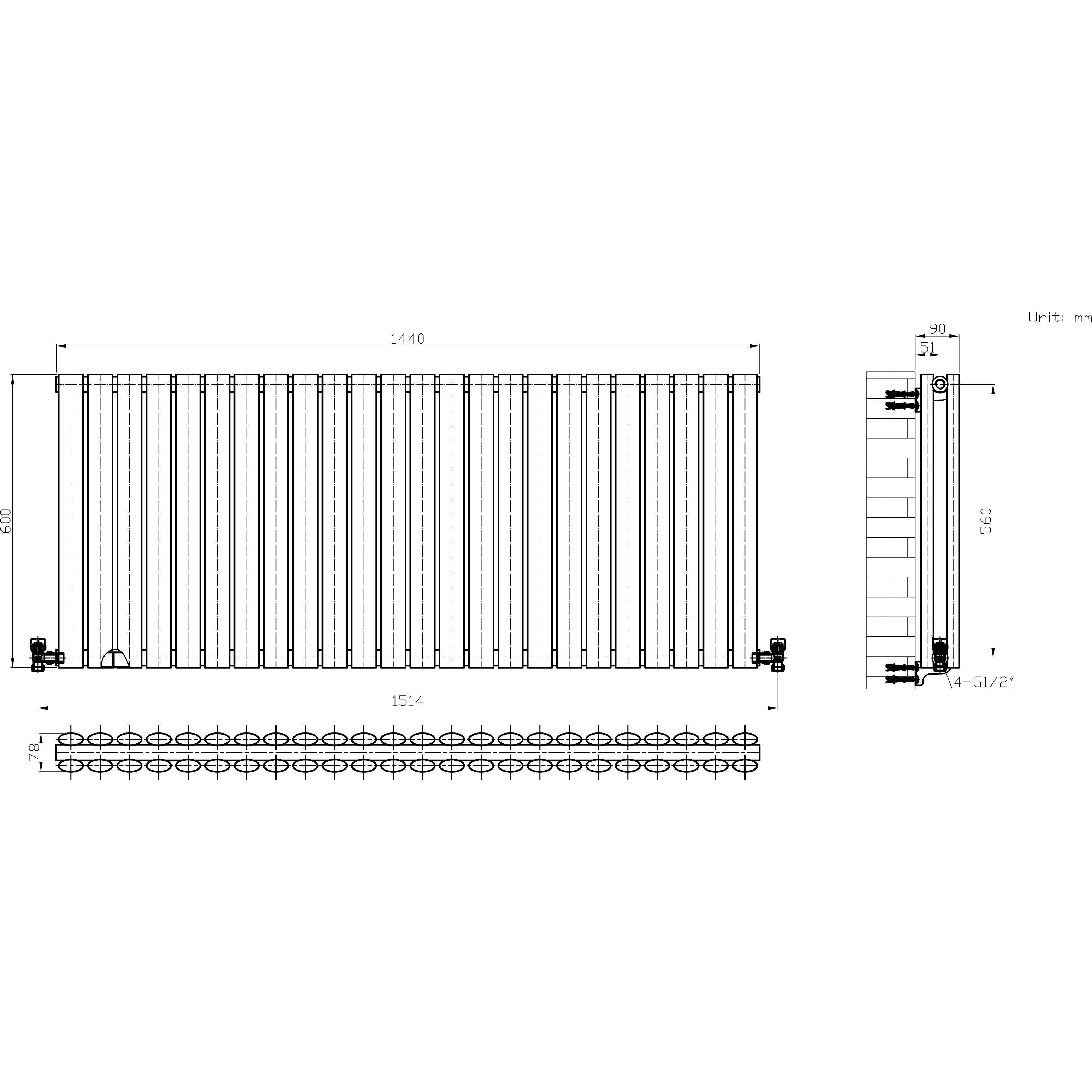 iBathUK Strata Horizontal Double Panel Oval Radiator, Wall Mounted Designer Radiator, High Heat Output, Matt Anthracite, 600 x 1440mm