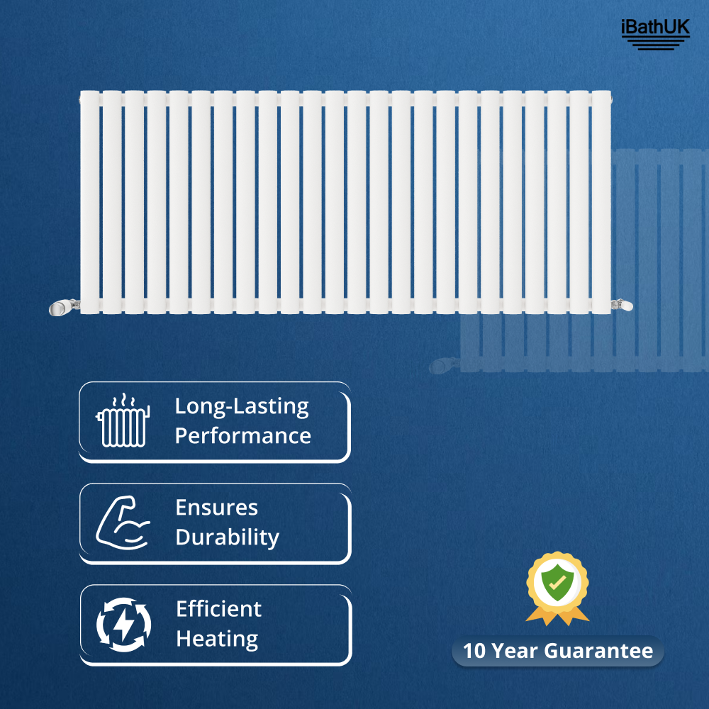 iBathUK Strata Horizontal Single Panel Oval Radiator, Wall Mounted Designer Radiator, High Heat Output, Matt White, 600 x 1440mm