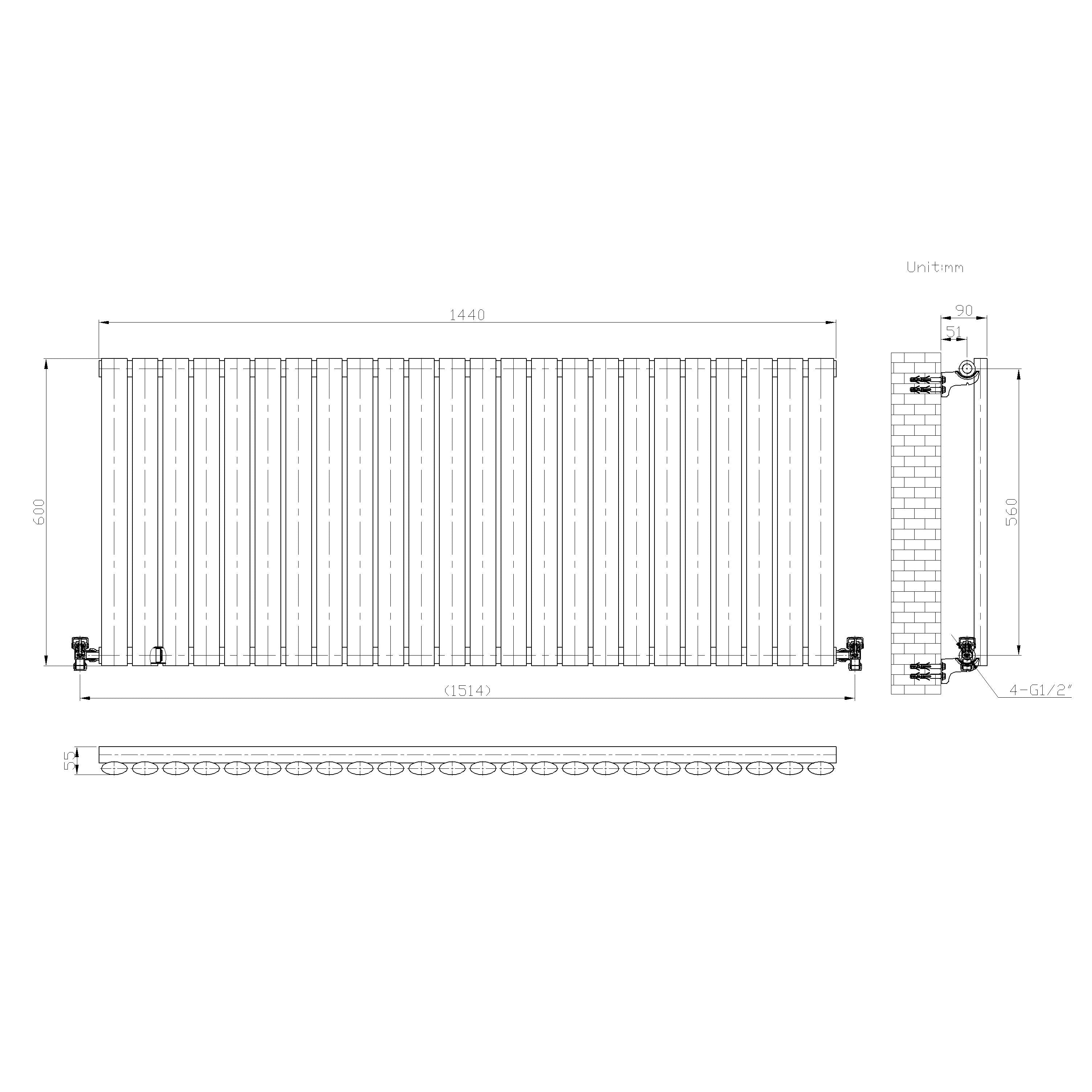 iBathUK Strata Horizontal Single Panel Oval Radiator, Wall Mounted Designer Radiator, High Heat Output, Matt White, 600 x 1440mm