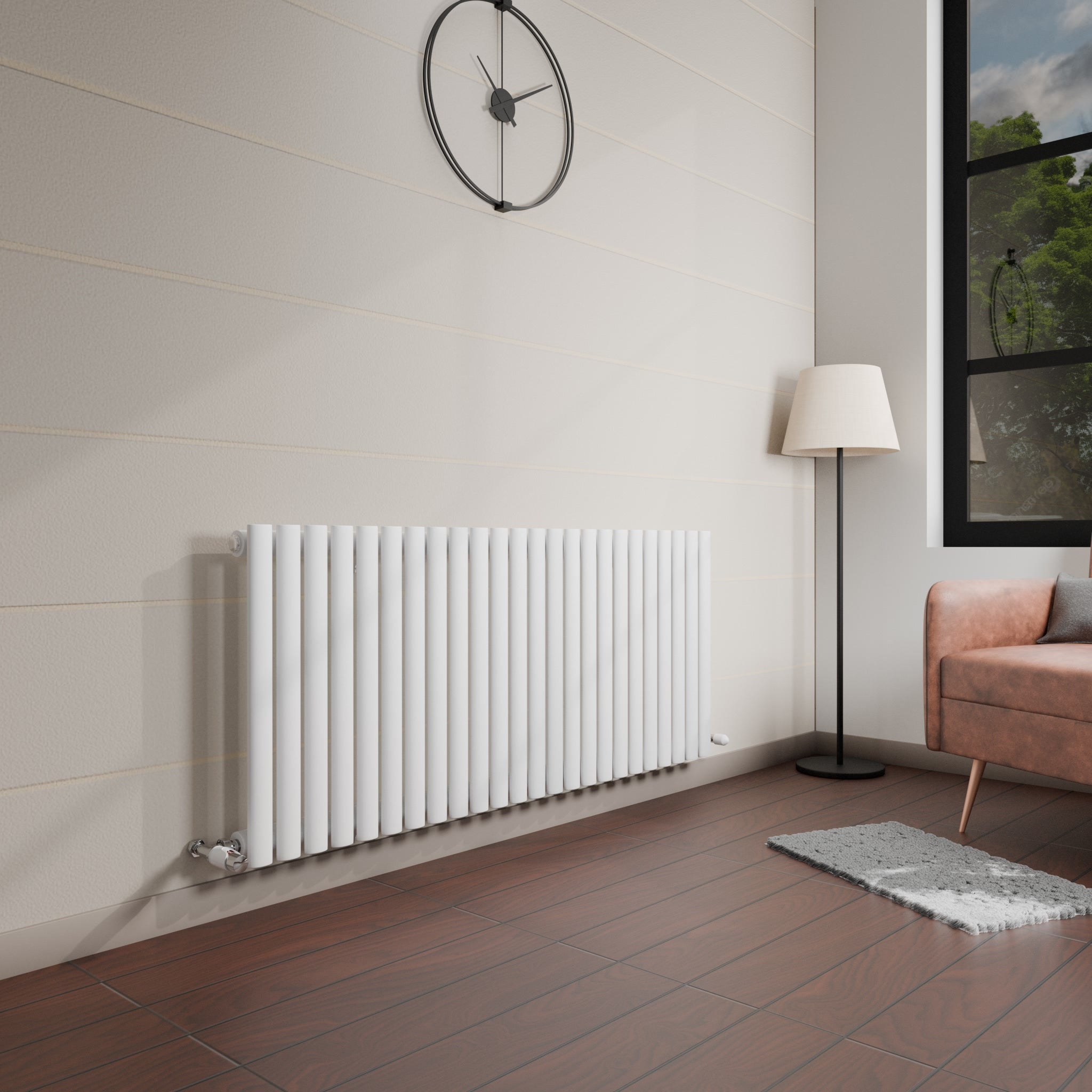 iBathUK Strata Horizontal Single Panel Oval Radiator, Wall Mounted Designer Radiator, High Heat Output, Matt White, 600 x 1440mm