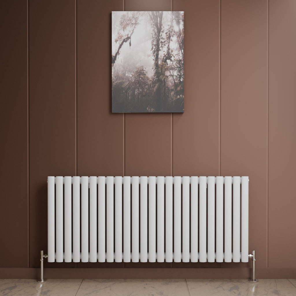 iBathUK Strata Horizontal Single Panel Oval Radiator, Wall Mounted Designer Radiator, High Heat Output, Matt White, 600 x 1440mm