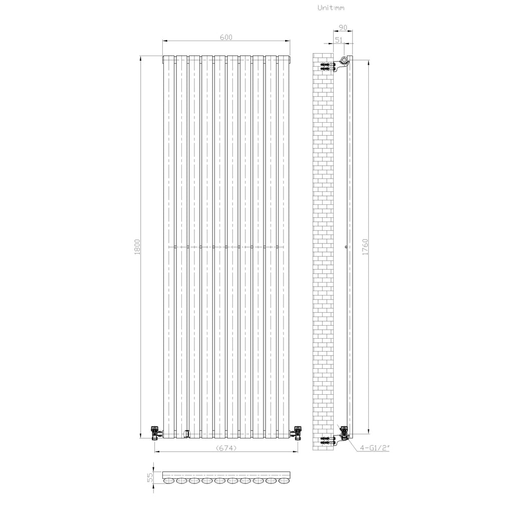 iBathUK Strata Vertical Single Panel Oval Radiator, Wall Mounted Designer Radiator, High Heat Output, Matt White, 1800 x 600mm