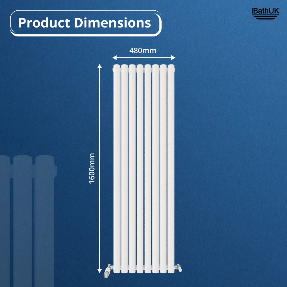 iBathUK Strata Vertical Double Panel Oval Radiator, Wall Mounted Designer Radiator, High Heat Output, Matt White, 1600 x 480mm