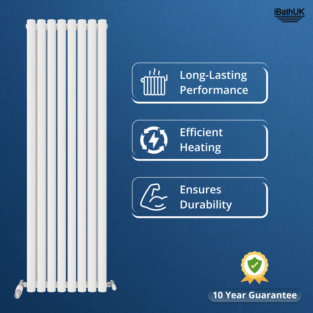 iBathUK Strata Vertical Double Panel Oval Radiator, Wall Mounted Designer Radiator, High Heat Output, Matt White, 1600 x 480mm