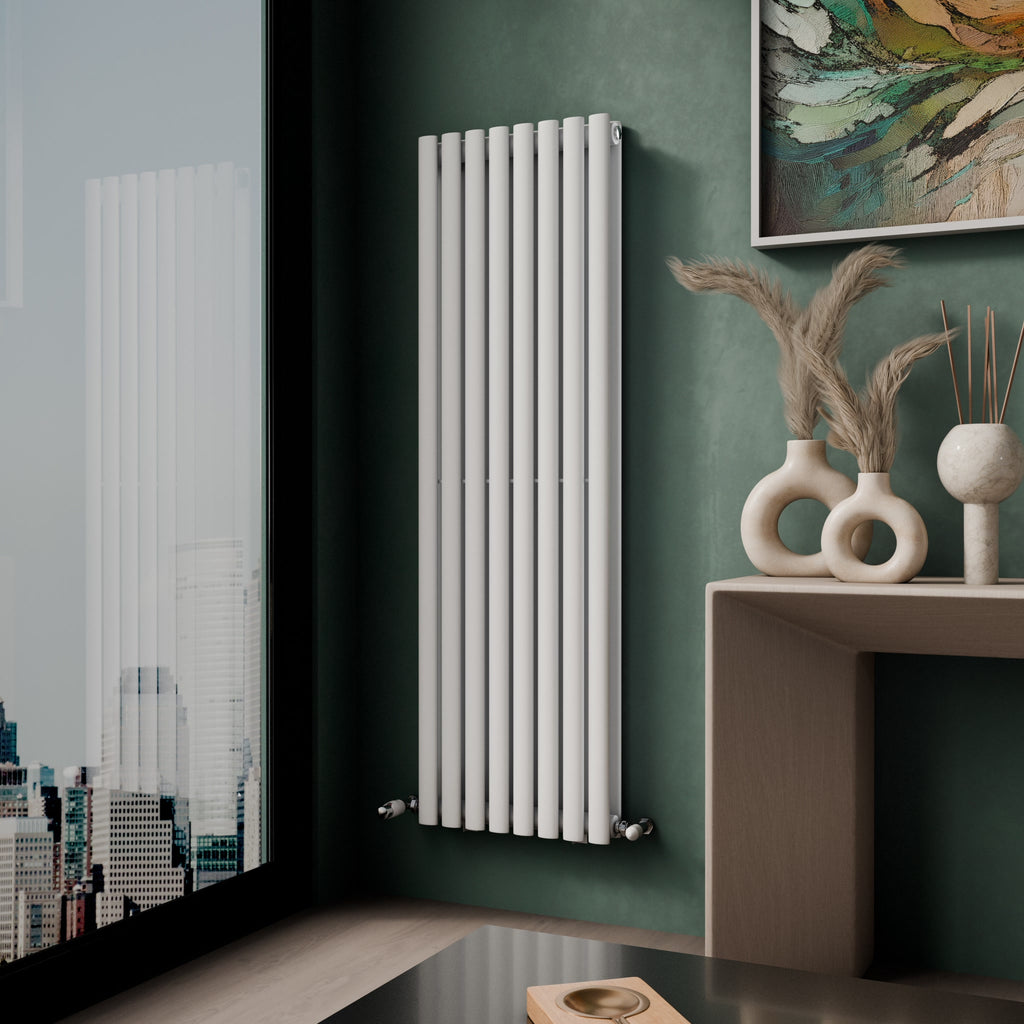 iBathUK Strata Vertical Double Panel Oval Radiator, Wall Mounted Designer Radiator, High Heat Output, Matt White, 1600 x 480mm