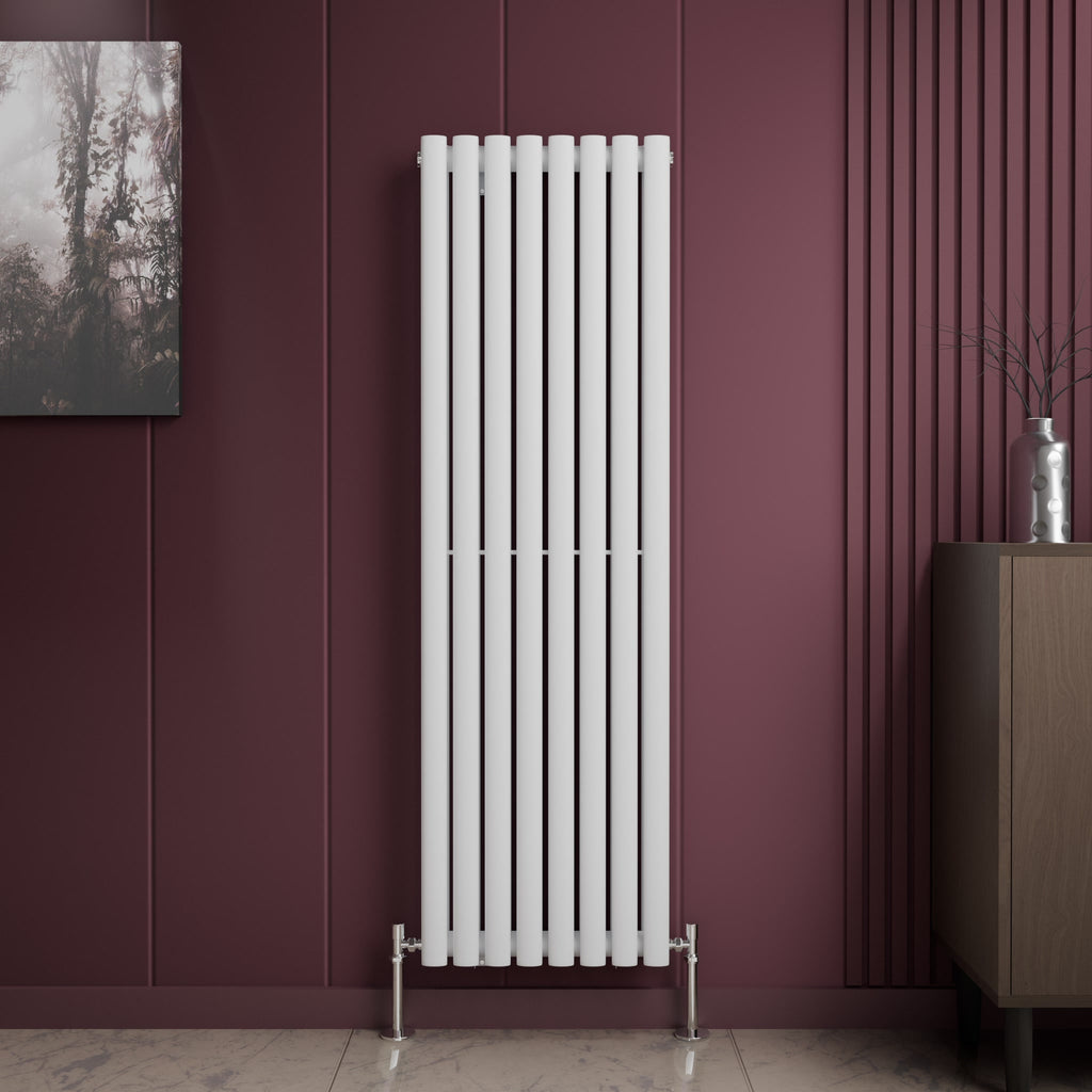 iBathUK Strata Vertical Double Panel Oval Radiator, Wall Mounted Designer Radiator, High Heat Output, Matt White, 1600 x 480mm