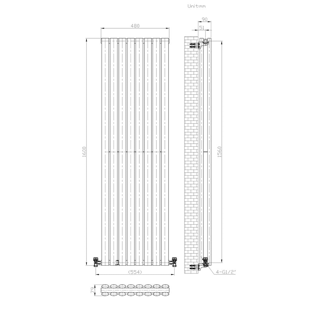 iBathUK Strata Vertical Double Panel Oval Radiator, Wall Mounted Designer Radiator, High Heat Output, Matt White, 1600 x 480mm