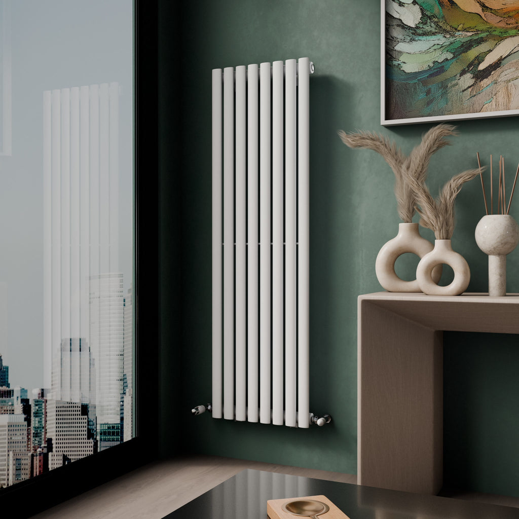 iBathUK Strata Vertical Single Panel Oval Radiator, Wall Mounted Designer Radiator, High Heat Output, Matt White, 1600 x 480mm