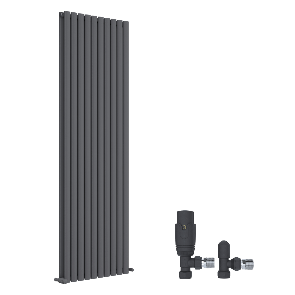 Princia Vertical Double Oval Panel Radiator White 1600 x 480mm + Angled Valve