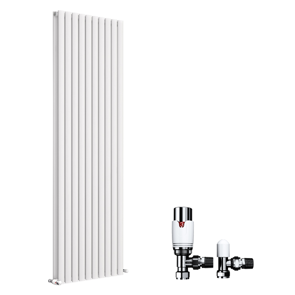 Princia Vertical Double Oval Panel Radiator White 1600 x 480mm + Angled Valve
