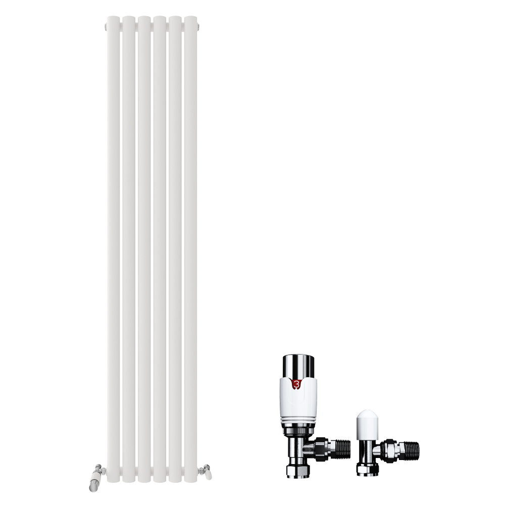 Princia Vertical Single Oval Panel Radiator White 1600 x 480mm + Angled Valve