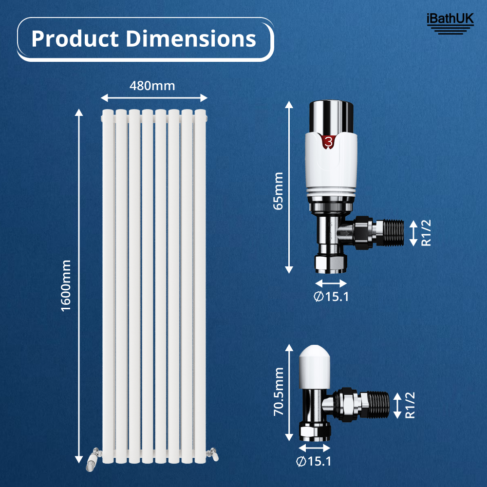 Princia Vertical Double Oval Panel Radiator White 1600 x 480mm + Angled Valve